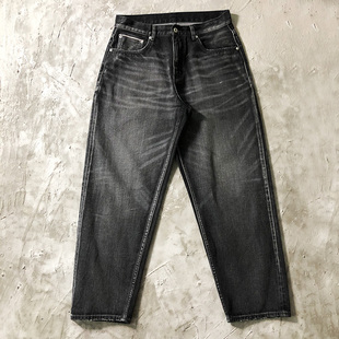日系复古水洗赤耳丹宁竹节棉黑牛仔裤磨边宽松直筒男做旧牛仔14OZ