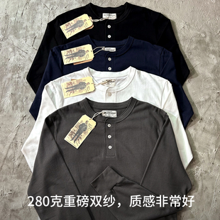 复古重磅新疆纯棉亨利领长袖T恤美式圆领小领口宽松纯色白T打底衫
