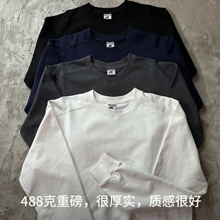 重磅488g纯棉毛圈圆领套头卫衣秋冬宽松复古厚实黑灰色男女打底衫