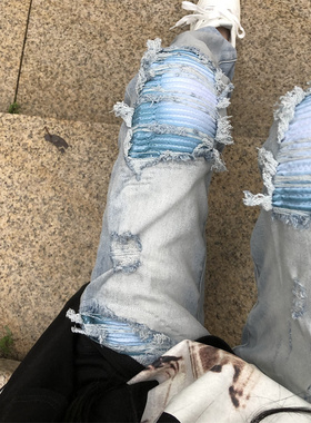 站在雾里 浅蓝色水洗做旧am风格微弹立体剪裁牛仔裤美式高街长裤