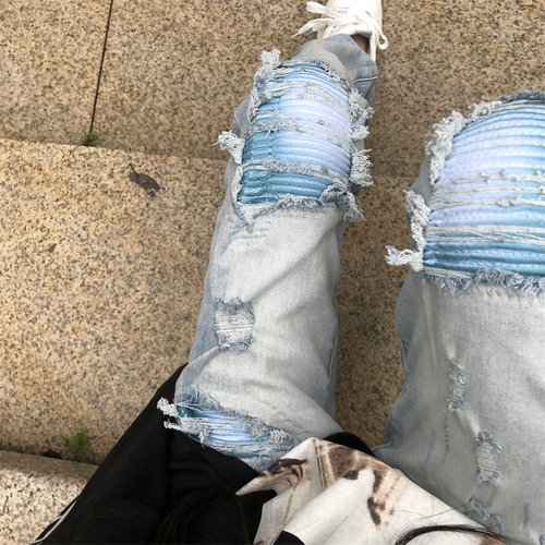 浅蓝色水洗做旧am风格微弹立体剪