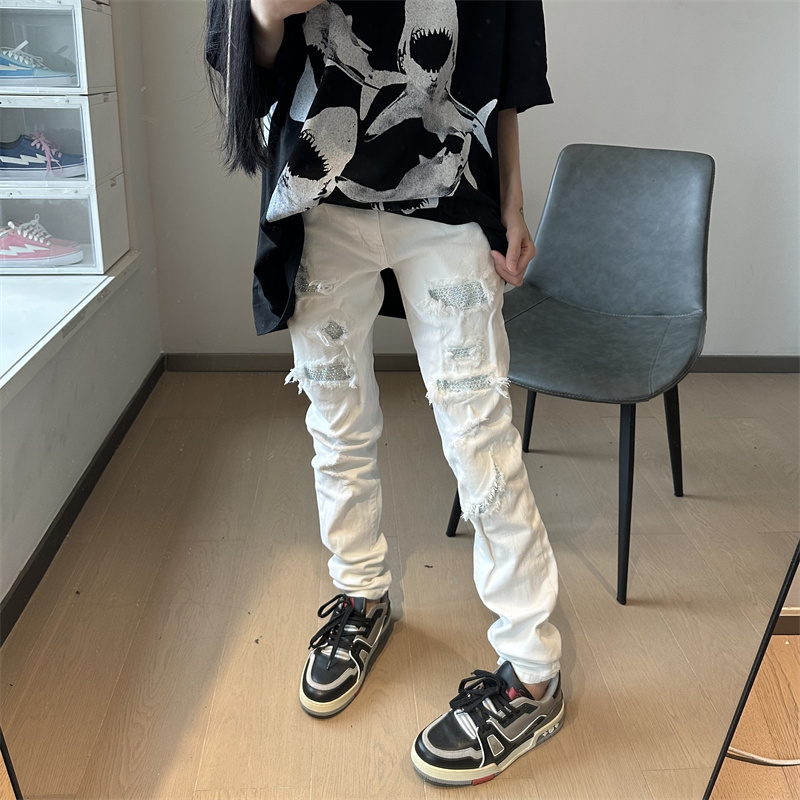 白钻烫钻欧美高街补丁弹力修身