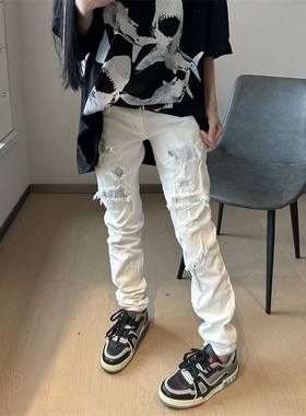 站在雾里am风格白钻烫钻欧美高街补丁弹力修身白色小脚牛仔裤男女