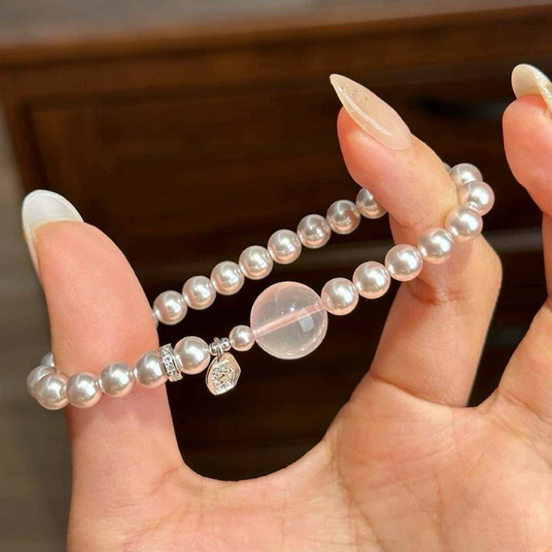 925银手链 小众春日高级感曼塔玫瑰珍珠莫粉水手串轻奢手链女生