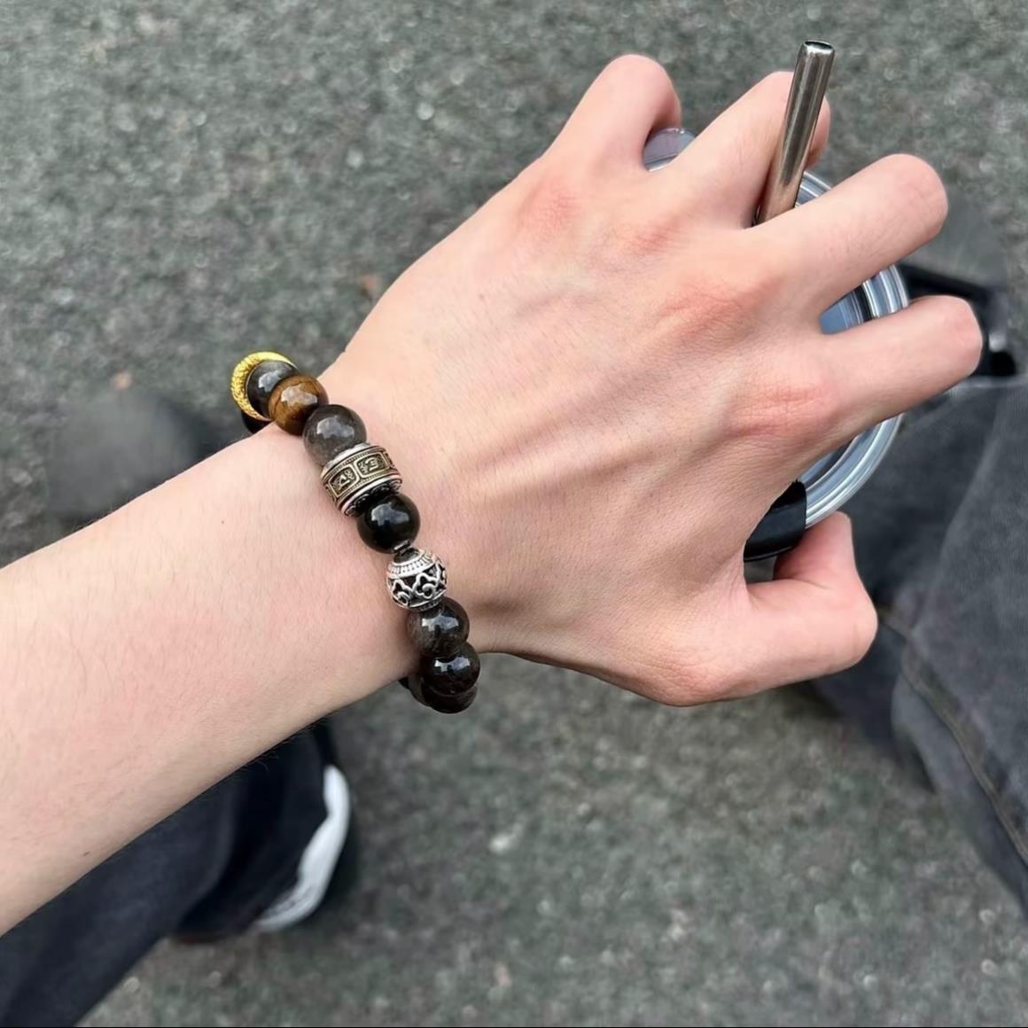 普陀山文创男士黄虎眼手链天然黑曜石手串情侣520送男友礼物
