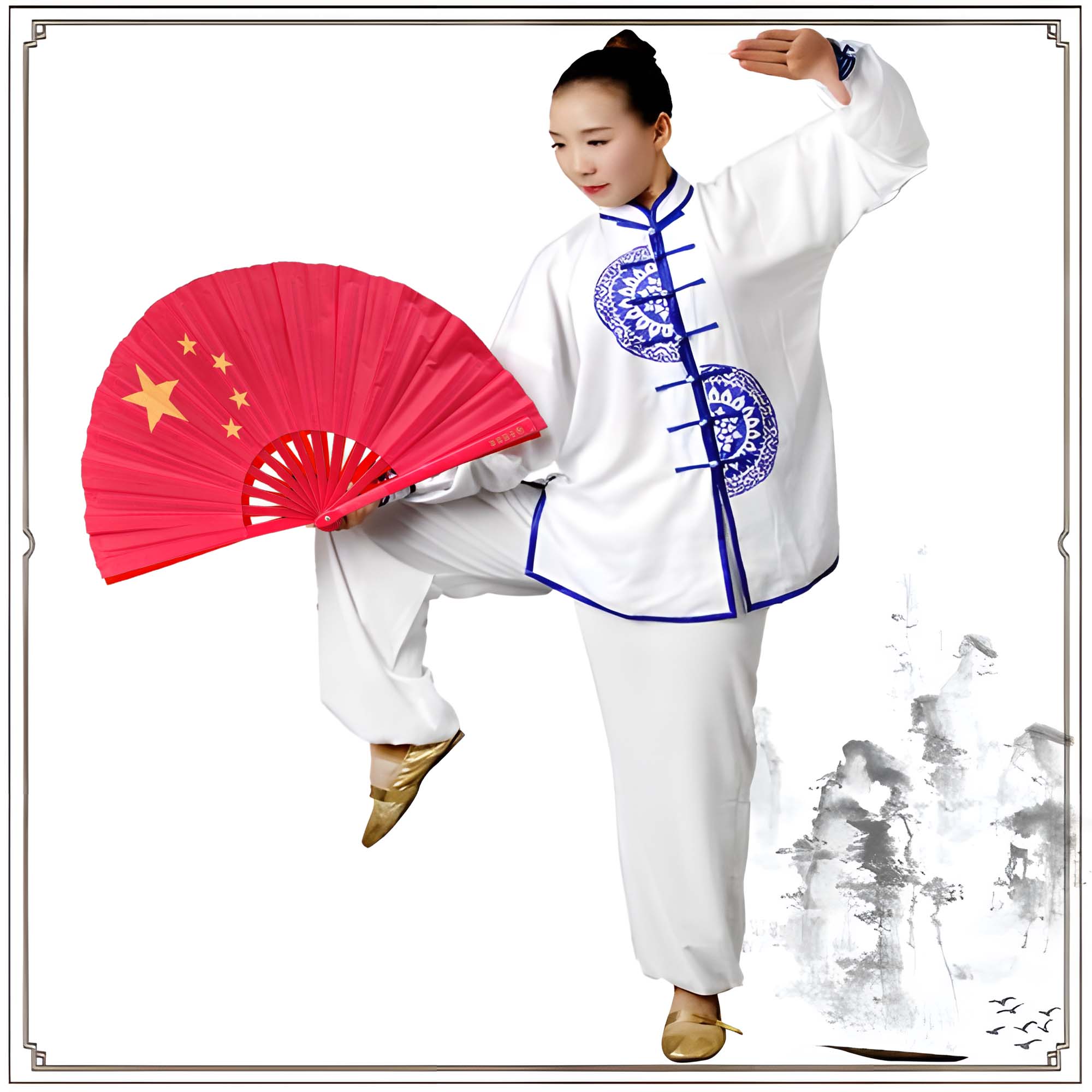 双面太极扇功夫扇五角星表演道具扇舞蹈塑料扇骨好开合爱我中华