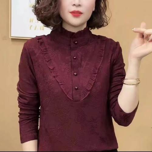 2025秋冬新款一体绒保暖打底衫女中年妈妈气质长袖木耳边百搭上衣