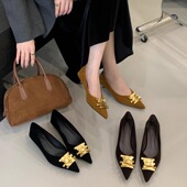 新款 法式 复古风尖头金属扣浅口金丝绒细跟高跟鞋 2025年秋季 女单鞋