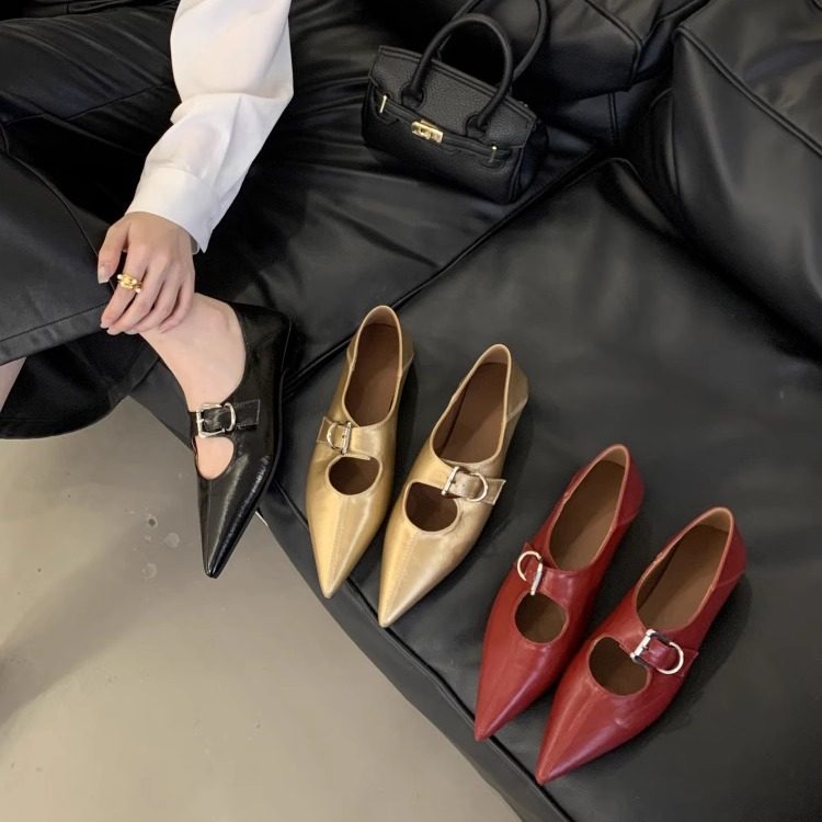 法式尖头一字扣带深口玛丽珍鞋女