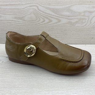 女搭扣复古深卡其百搭牛筋舒适软底单鞋 真皮方头玛丽珍鞋 2026新款