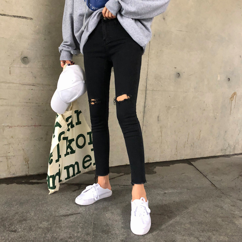 九分破洞铅笔裤女小个子小黑裤