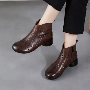 复古百搭高帮凉鞋女真皮手工镂空短靴2026新款头层牛皮透气洞洞鞋