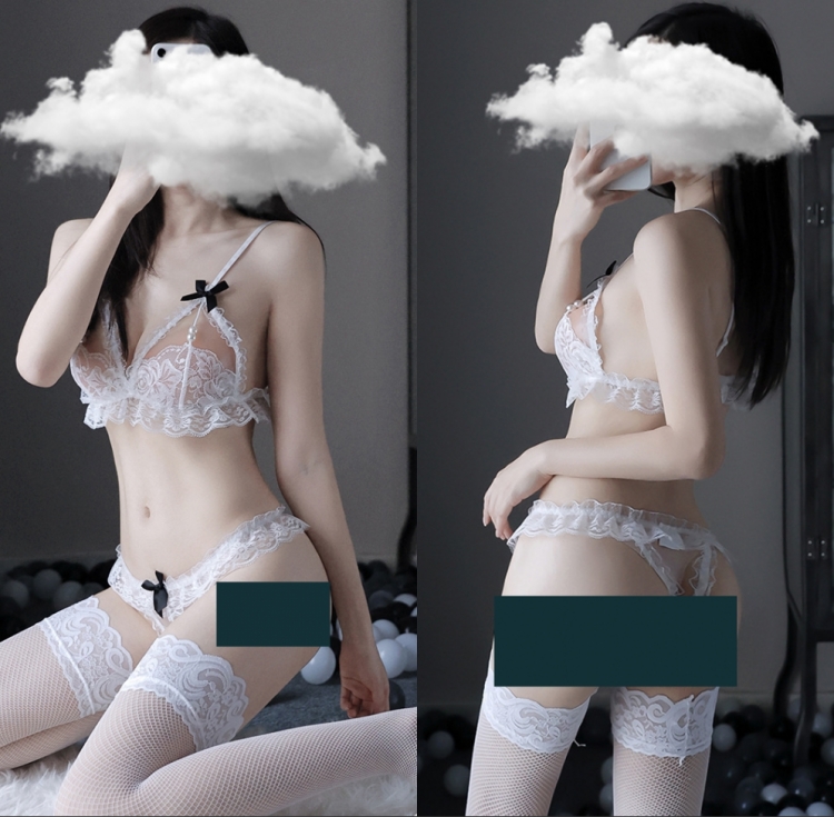 辣妹风伪娘男变装女人蕾丝珍珠透视诱惑性感三点式比基尼文胸套装