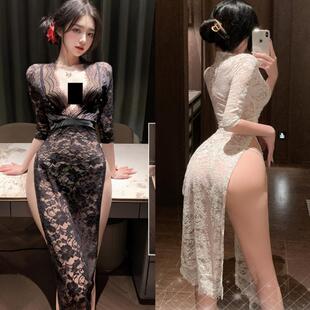 旗袍连衣裙今年流行夜店技师足浴伪娘女性感高开叉蕾丝透视裙大码