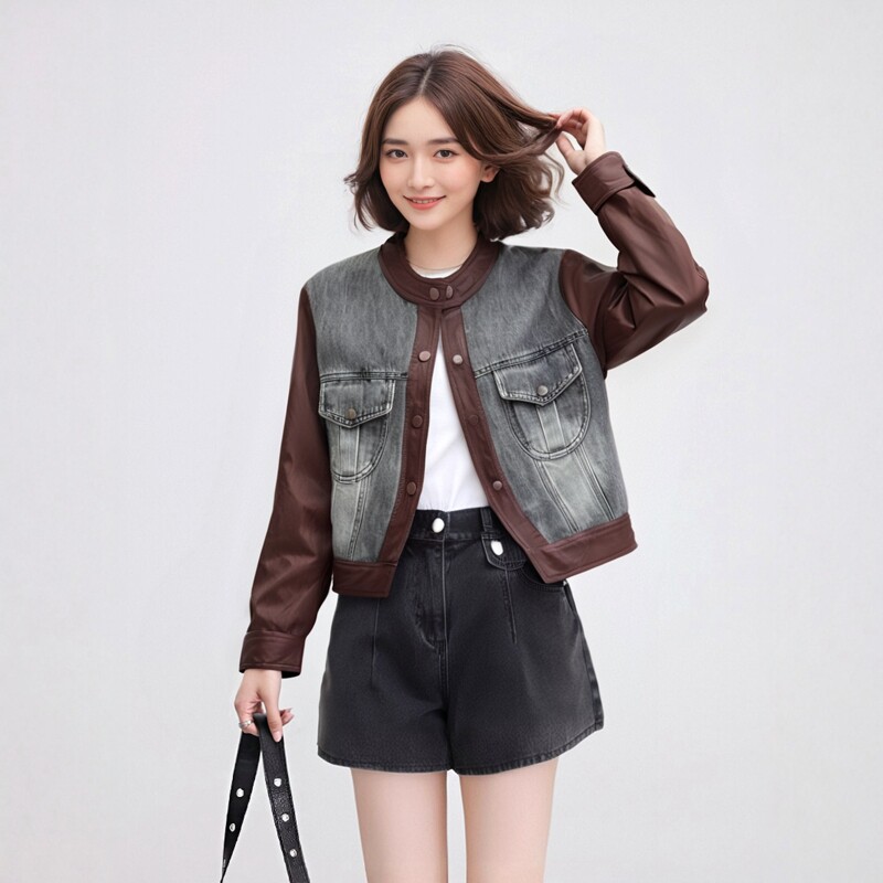 短款牛仔外套女新款休闲时尚别致修身小新中式拼接显瘦女士牛仔衣