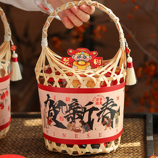 2026马年新款年货礼盒包装盒子烘焙糖果饼干新年礼品盒竹编手提篮