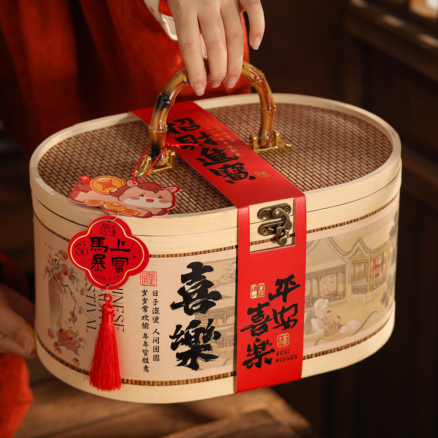 2026新年礼盒包装高档国风竹篮马年春节年货过年送人饼干糖果空盒