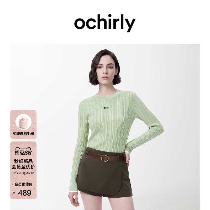 [新品]OCHIRLY欧时力 针织毛衣2026秋季轻薄羊毛坑条撞色打底衫