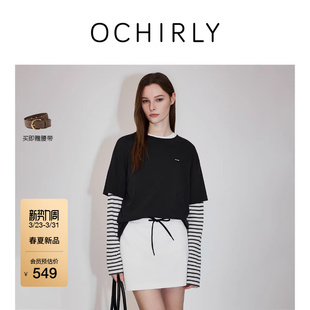 T恤2026春夏假两件撞色条纹休闲长袖 OCHIRLY欧时力 上衣 新品
