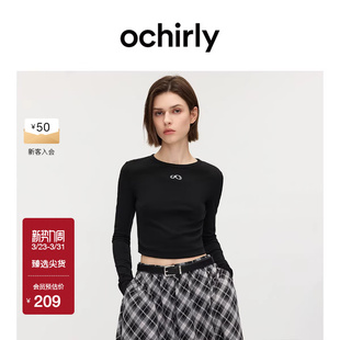 休闲简约春款 T恤女上衣圆领修身 印花长袖 OCHIRLY欧时力
