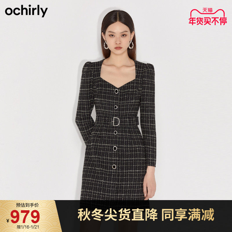 直降  欧时力2021新款冬装配腰带格子小香风连衣裙1NH4085290