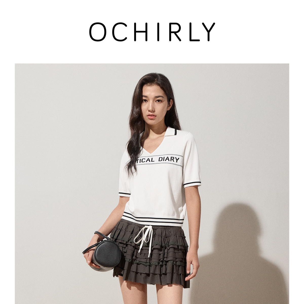 OCHIRLY欧时力翻领香风短袖针织