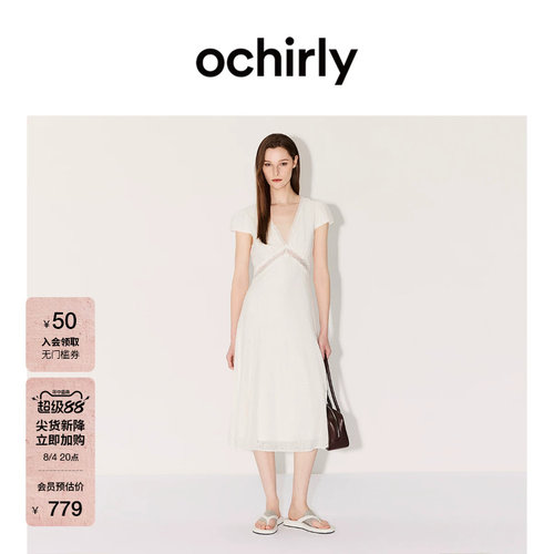 OCHIRLY欧时力蕾丝V领连衣裙