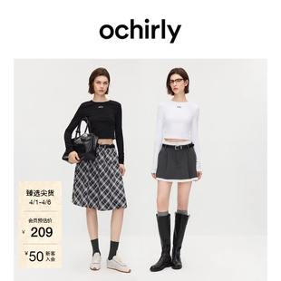 OCHIRLY欧时力 T恤女上衣圆领修身 休闲简约春款 印花长袖