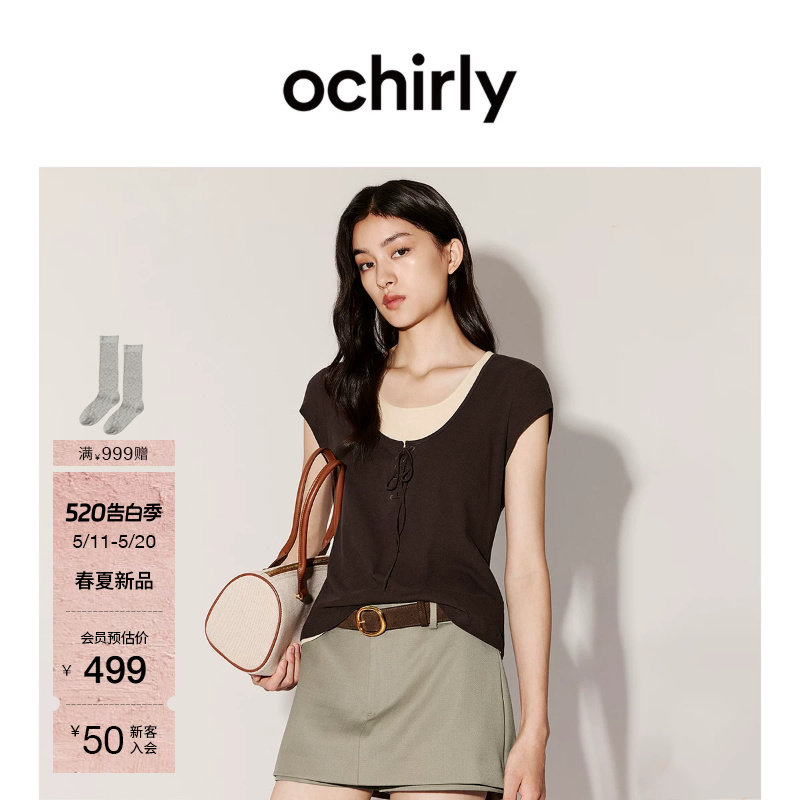 【新品】OCHIRLY欧时力 短袖t恤女2026夏季假两件绑绳纯