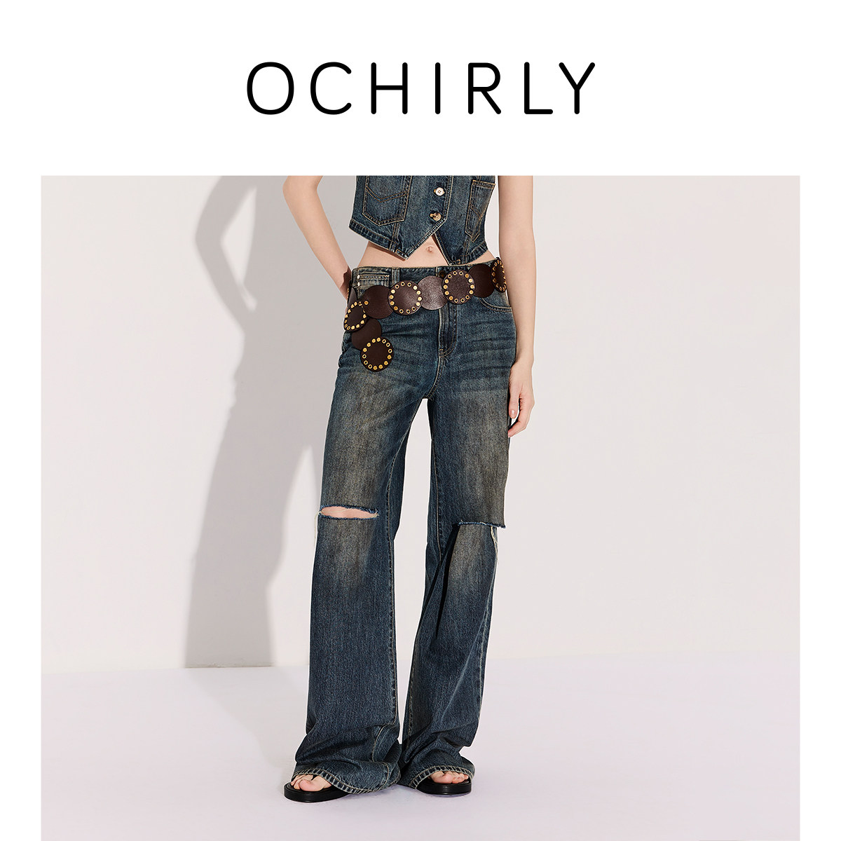 [新品]OCHIRLY欧时力 牛仔裤26夏破洞手工磨脏超模阔腿微喇裤*