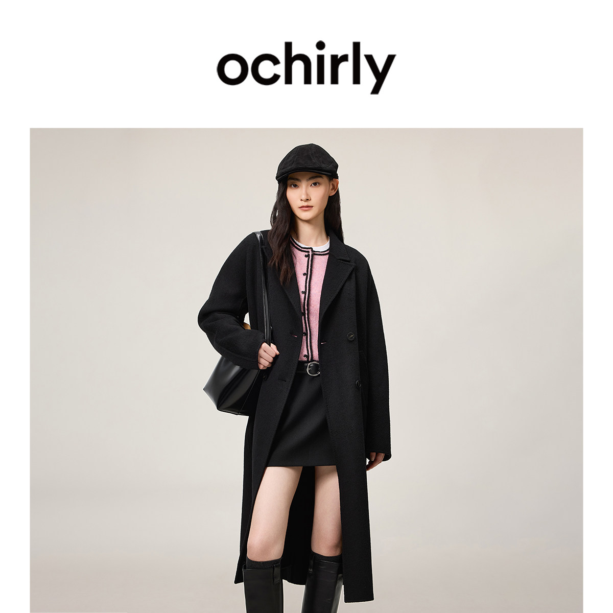 【季末折扣】欧时力 羊毛双面呢大衣长款外套配腰带翻领保暖秋冬