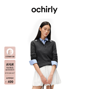 [新品]OCHIRLY欧时力 针织毛衣女2026秋季撞色polo领坑条长袖上衣