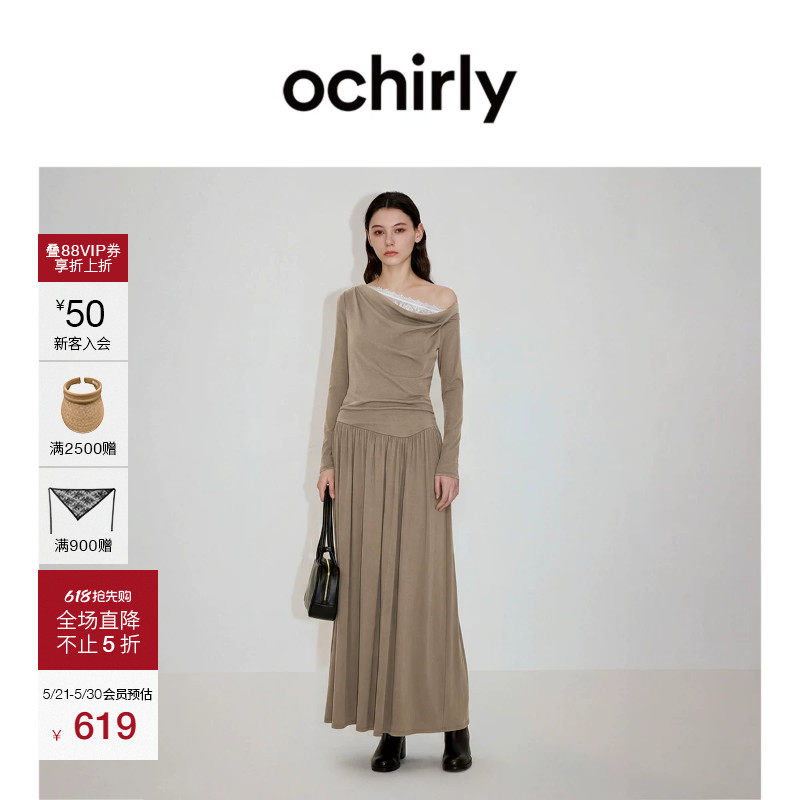 【新品】OCHIRLY欧时力 斜肩连衣裙2026早夏荡领蕾丝花边