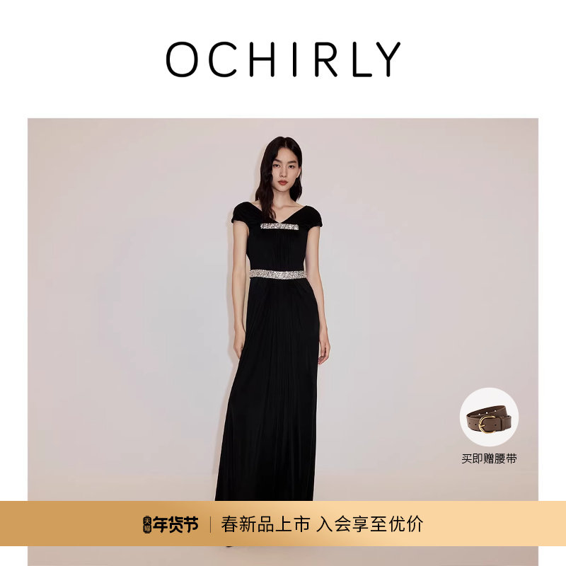 【新品】OCHIRLY欧时力 醋酸缎钉钻褶皱连衣裙长裙礼服202