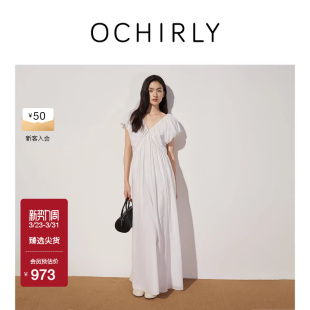 OCHIRLY欧时力 立体缩褶V领连衣裙长裙收腰气质度假春夏
