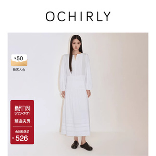OCHIRLY欧时力 进口纯棉圆领连衣裙白裙气质内搭春夏