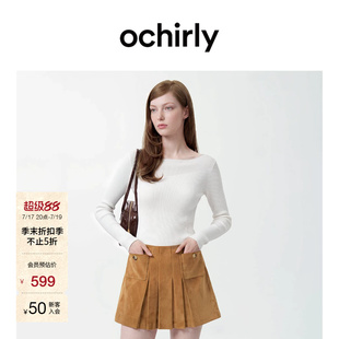 [新品]OCHIRLY欧时力 毛衣2026秋美丽诺羊毛一字领针织打底衫