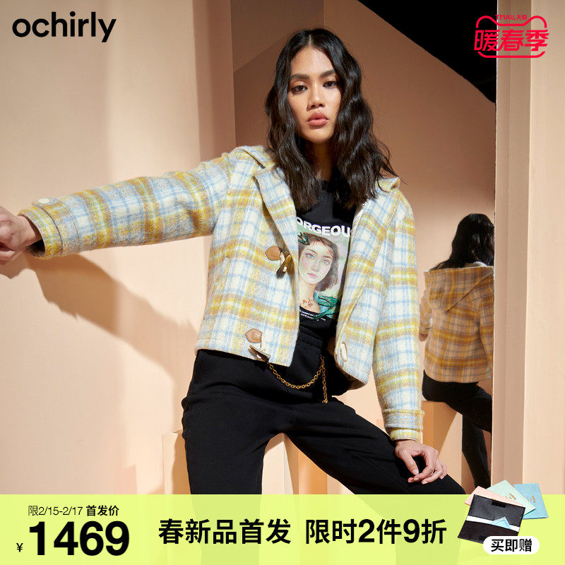 2件9折 欧时力2022新款春装学院风羊毛呢格子外套女1WY1352330