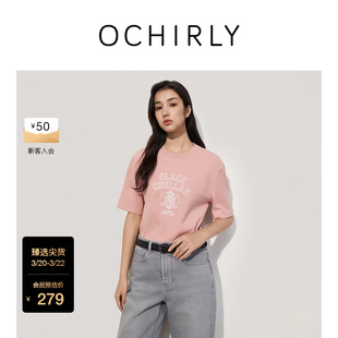 OCHIRLY欧时力  纯棉怀旧风印花短袖t恤上衣宽松流行女春夏
