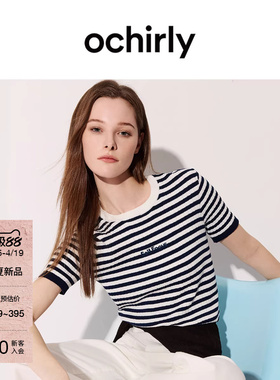 【新品】OCHIRLY欧时力 撞色条纹短袖针织衫2026夏上衣刺绣空调衫