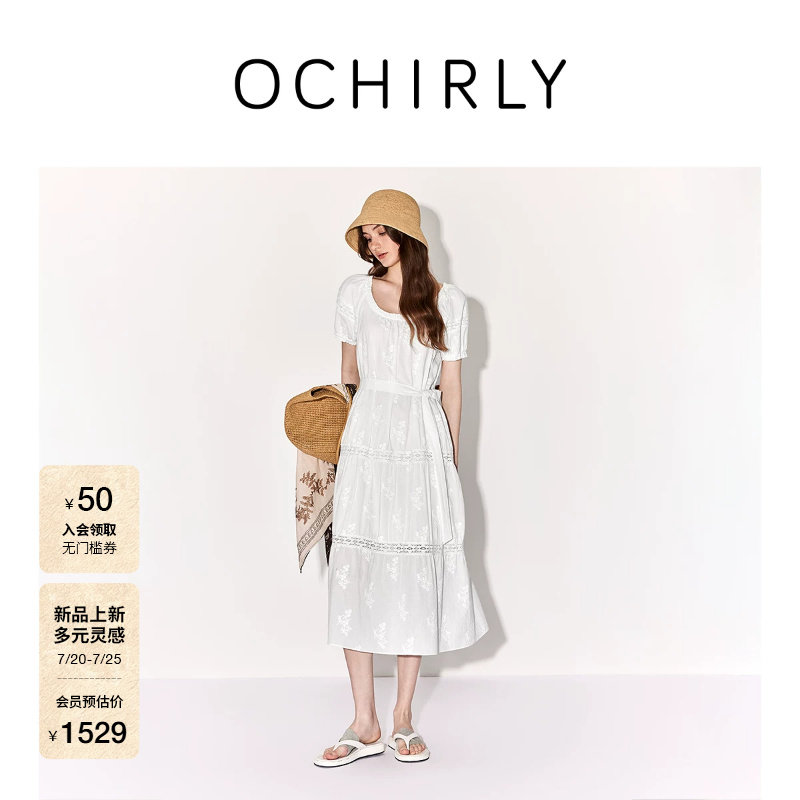[新品]OCHIRLY欧时力连衣裙26夏重工刺绣蕾丝绑带收腰度假白裙