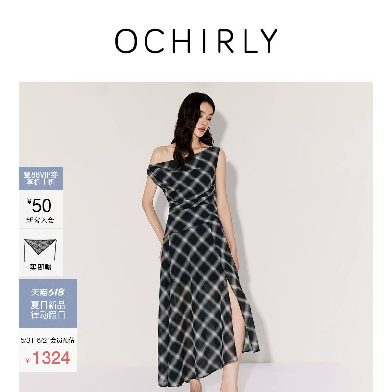 【新品】OCHIRLY欧时力 连衣裙26夏聚光格纹斜肩开衩掐腰无