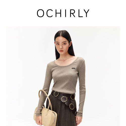 OCHIRLY欧时力纯棉U领坑条T恤