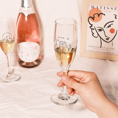 原创简笔画小奶狗玻璃红酒香槟杯