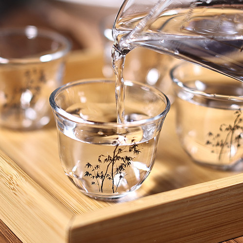 新中式国风墨竹玻璃小酒杯迷你白酒杯烧酒杯果酒杯烈酒杯茶杯套装