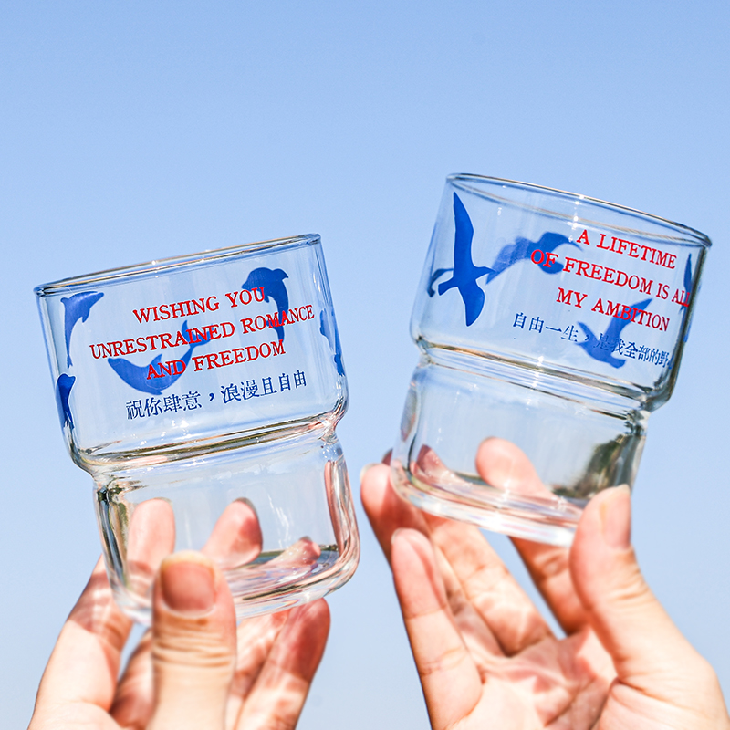原创自由飞鸟蓝色玻璃杯咖啡杯