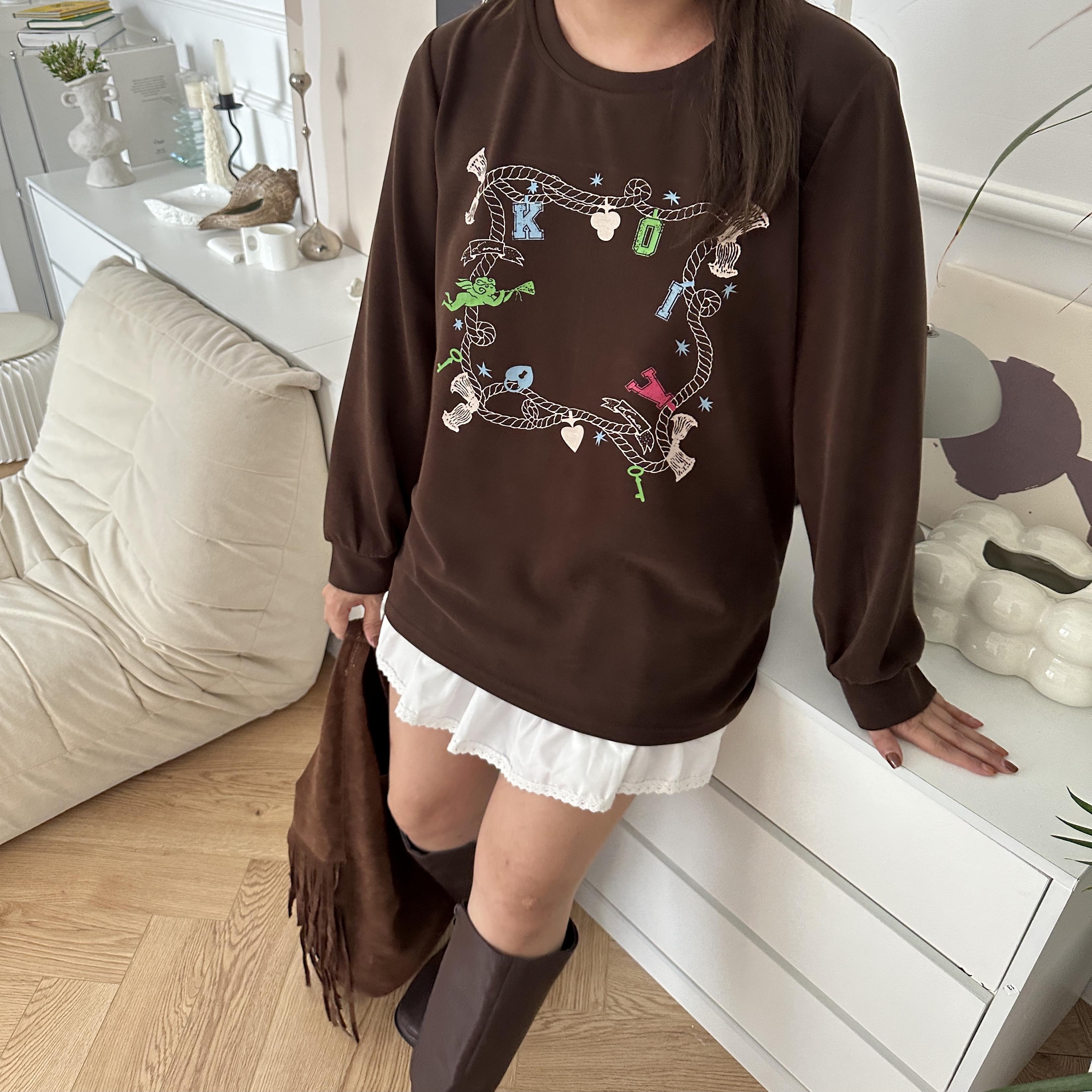 NYTSTUDIO 断码no退换 微胖正肩圆领卫衣棕色水洗长袖上衣微胖mm