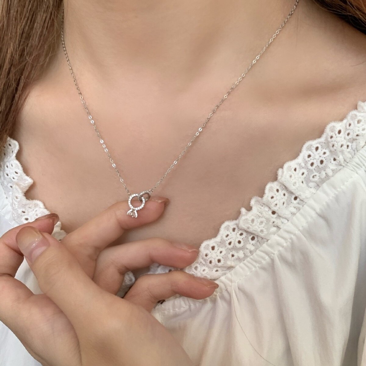 韩版ins简约双环钻戒吊坠项链女通体925纯银轻奢小众冷淡风锁骨链