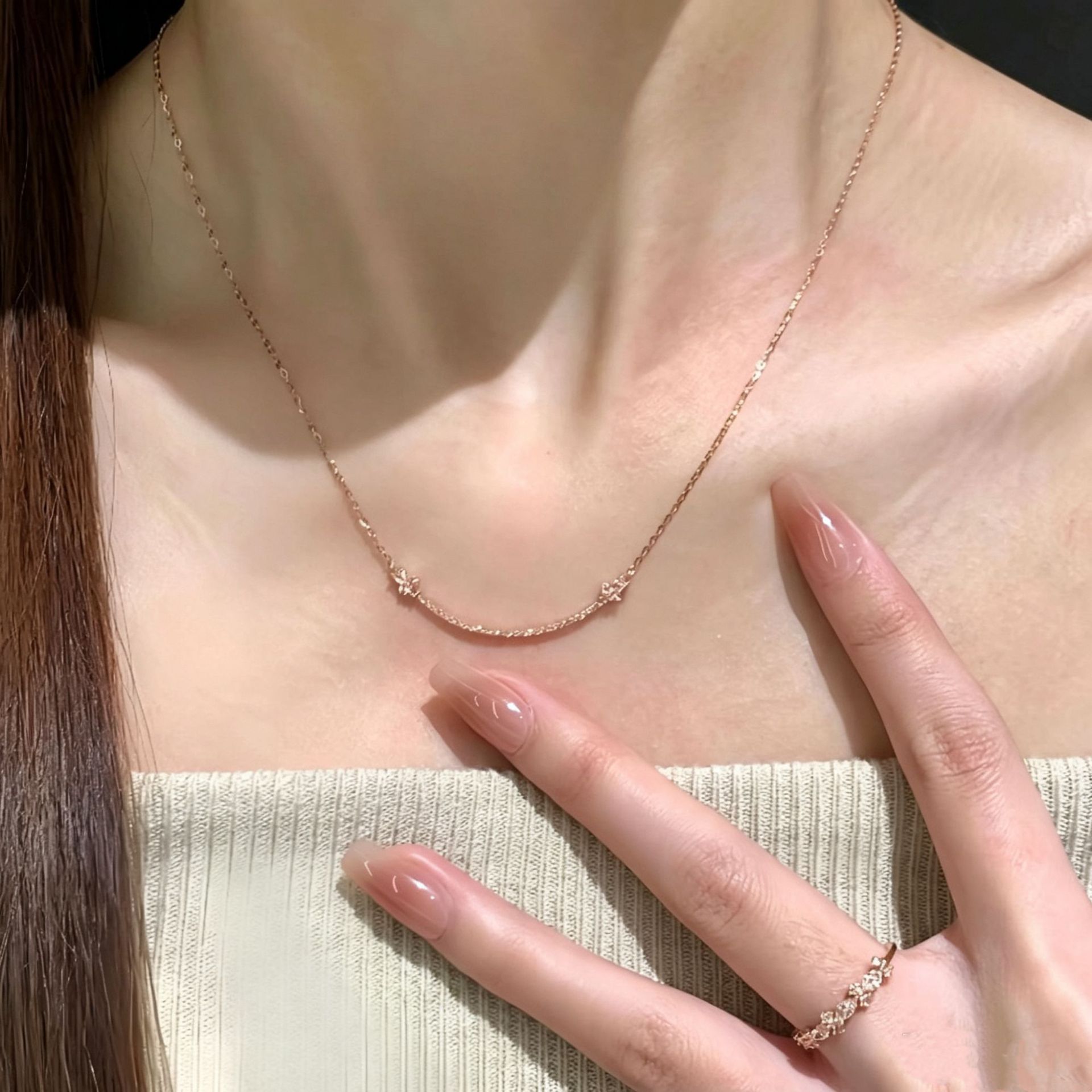 S925纯银镀玫瑰金满钻笑脸项链女轻奢设计高级感精致百搭锁骨链