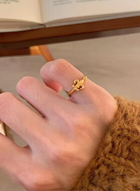 S925纯银拉丝鸢尾花戒指女中古风轻奢气质复古高级感百搭活口指环